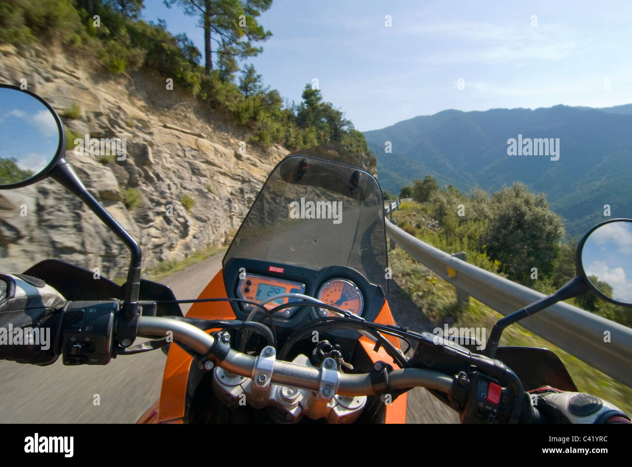 Motorcycle touring in the pyrenees near Yeba, Spain. Rider view Stock