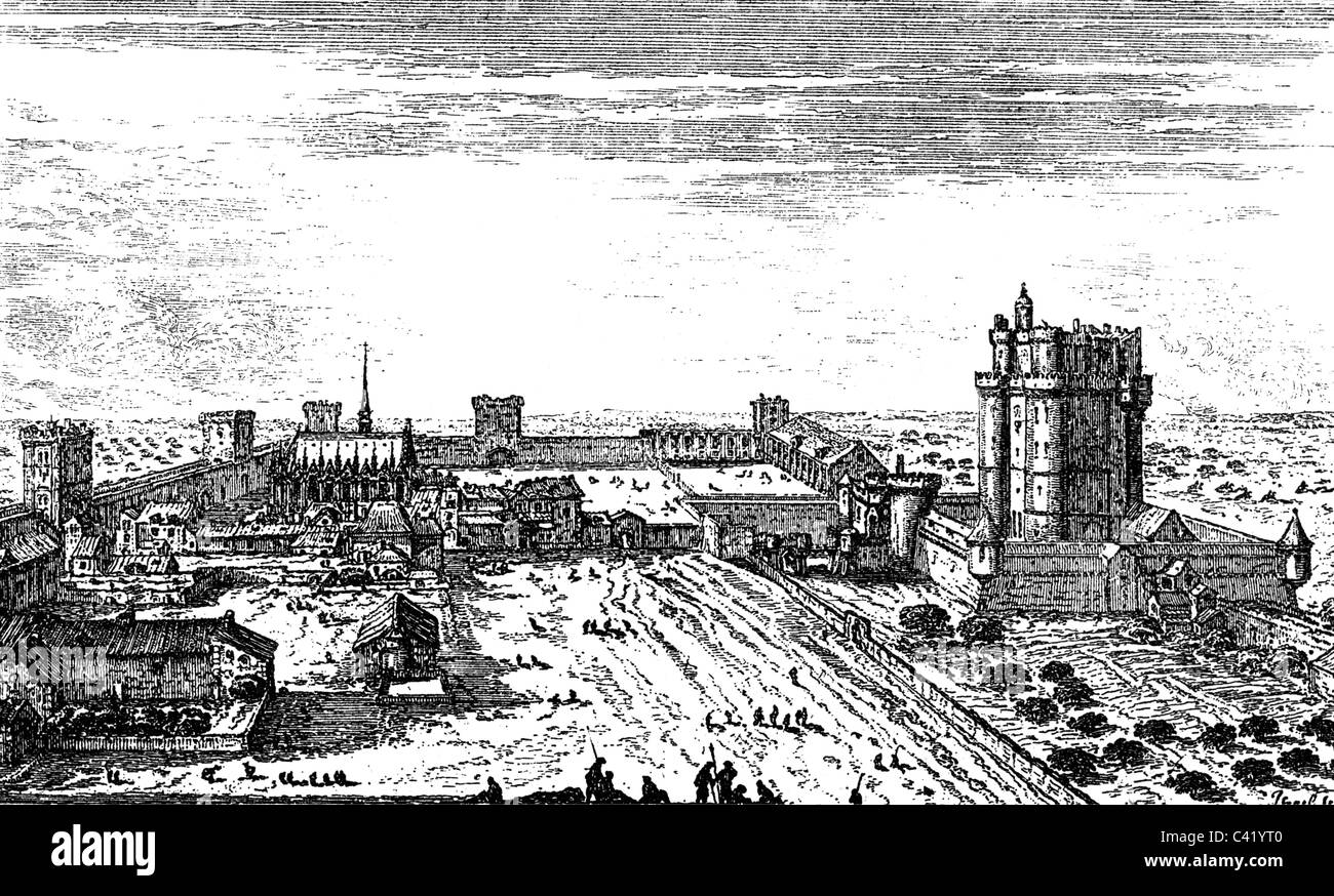 geography / travel, France, Vincennes, castle, exterior view, copper engraving by Israel Silvestre, 17th century, tower, keep, chapel, architecture, Ile-de-France, Ile de France, Western Europe, historic, historical, people, Artist's Copyright has not to be cleared Stock Photo