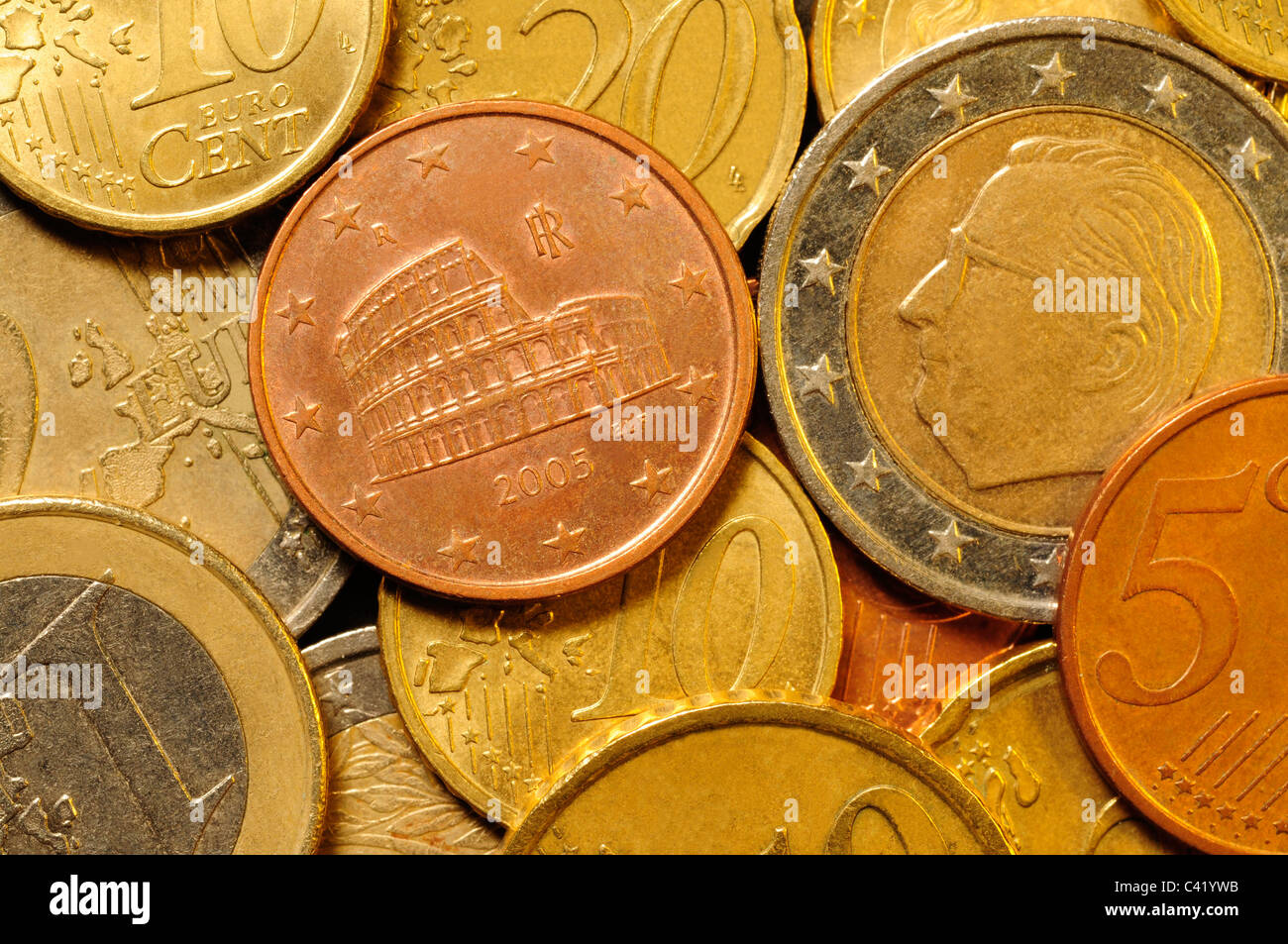 Close up of various Euro cent coins used by the European Union Stock Photo