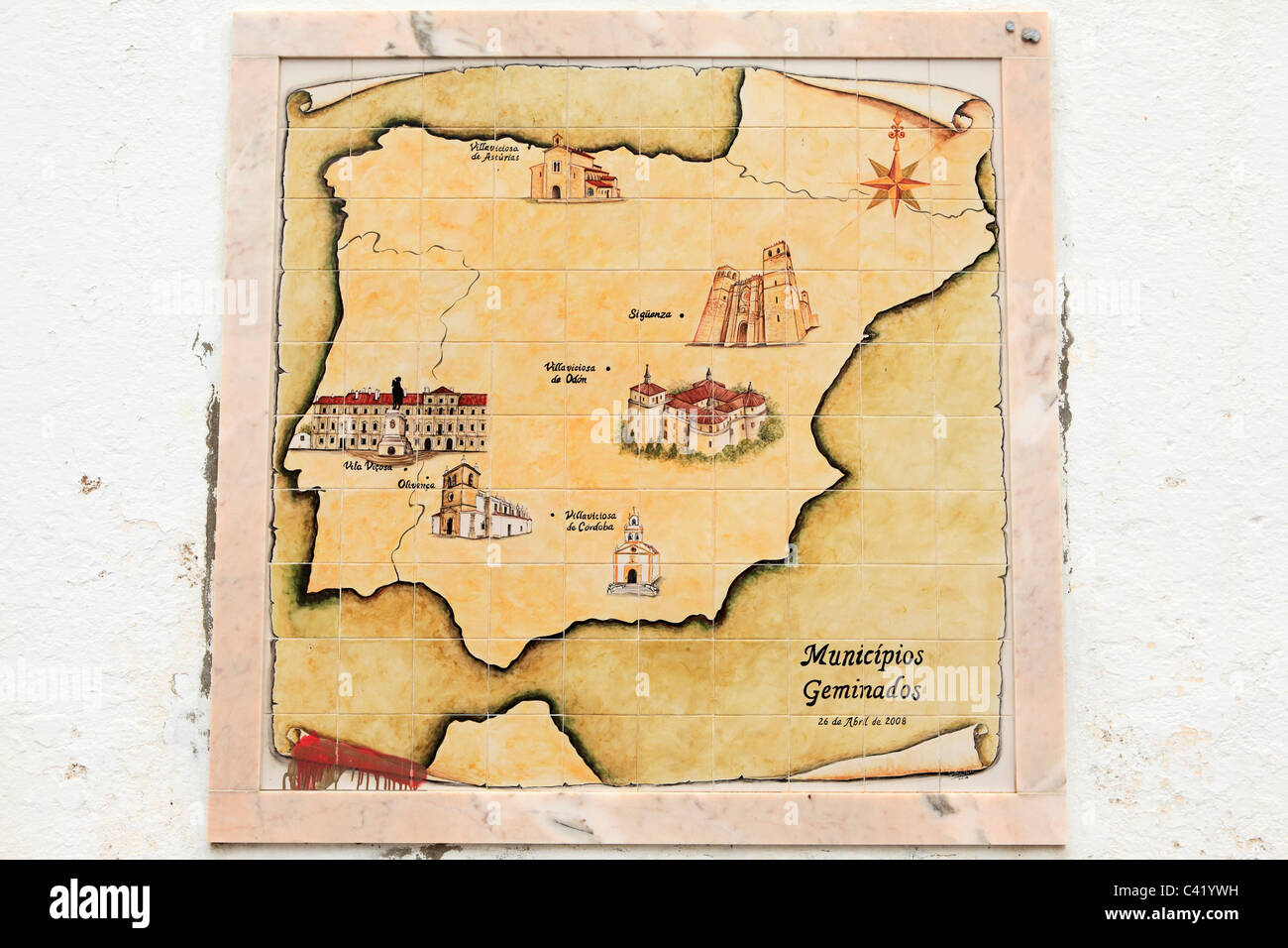 A tile map of the Iberian Peninsula on a wall in the town of Vila Vicosa in the Alentejo district of Portugal. Stock Photo