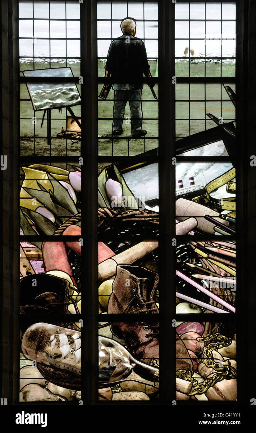 Dordrecht, Netherlands. Grote Kerk (1460-1502) Modern Stained Glass Window - one of the 'Gildenramen' / Guild Windows Stock Photo