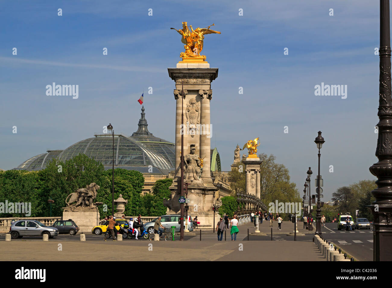 Pont Alexandre III, Paris, France from the Left Bank. The Grand Palais roof can be seen in the bankground. Stock Photo