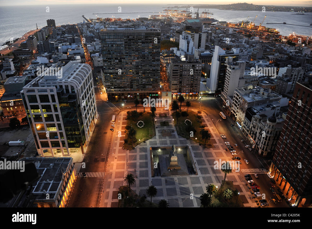 URUGUAY Montevideo view from Palacio Salvo at public square Plaza de Independencia to the harbour at Rio del la Plata Stock Photo