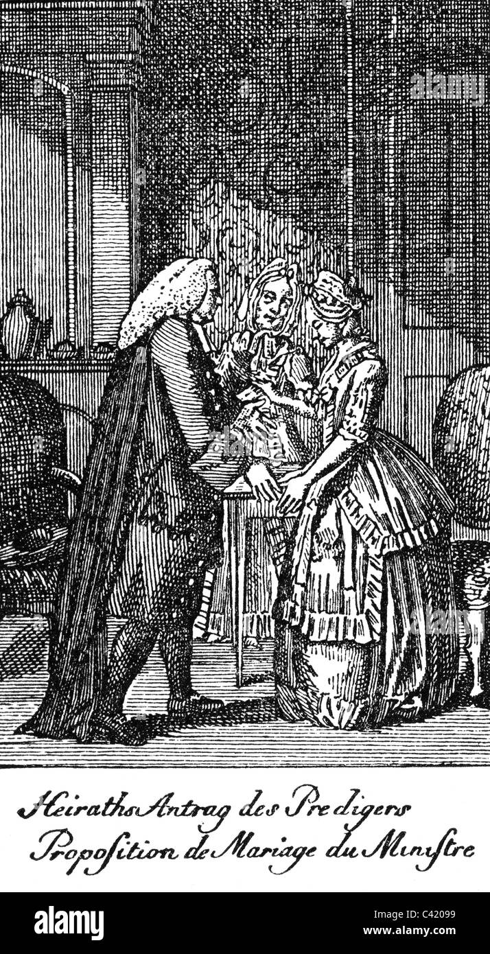 people, couples, courtship, 'Proposal of a Preacher', etching from the series 'Proposals' by Daniel Chodowiecki, 1781, Additional-Rights-Clearences-Not Available Stock Photo