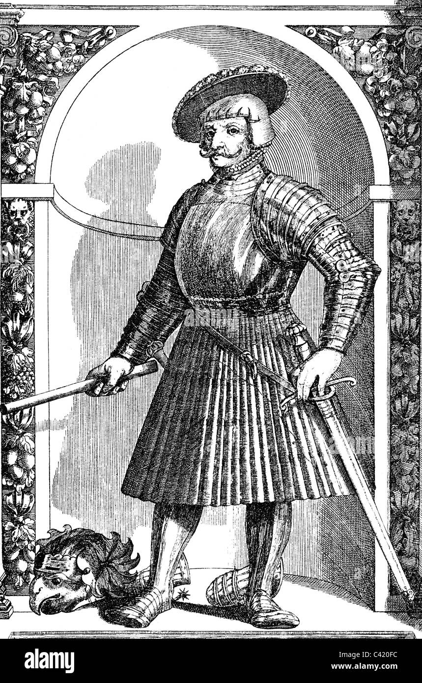 Albrecht III Achilles, 9.11.1414 - 11.3.1486, Elector of Brandenburg 20.12.1470 - 11.3.1486, full length, copper engraving after 'Armamentarium Ambrasianum Heroicum' by Jacob Schrenck von Notzing, Insbruck, 1601 - 1603, Artist's Copyright has not to be cleared Stock Photo
