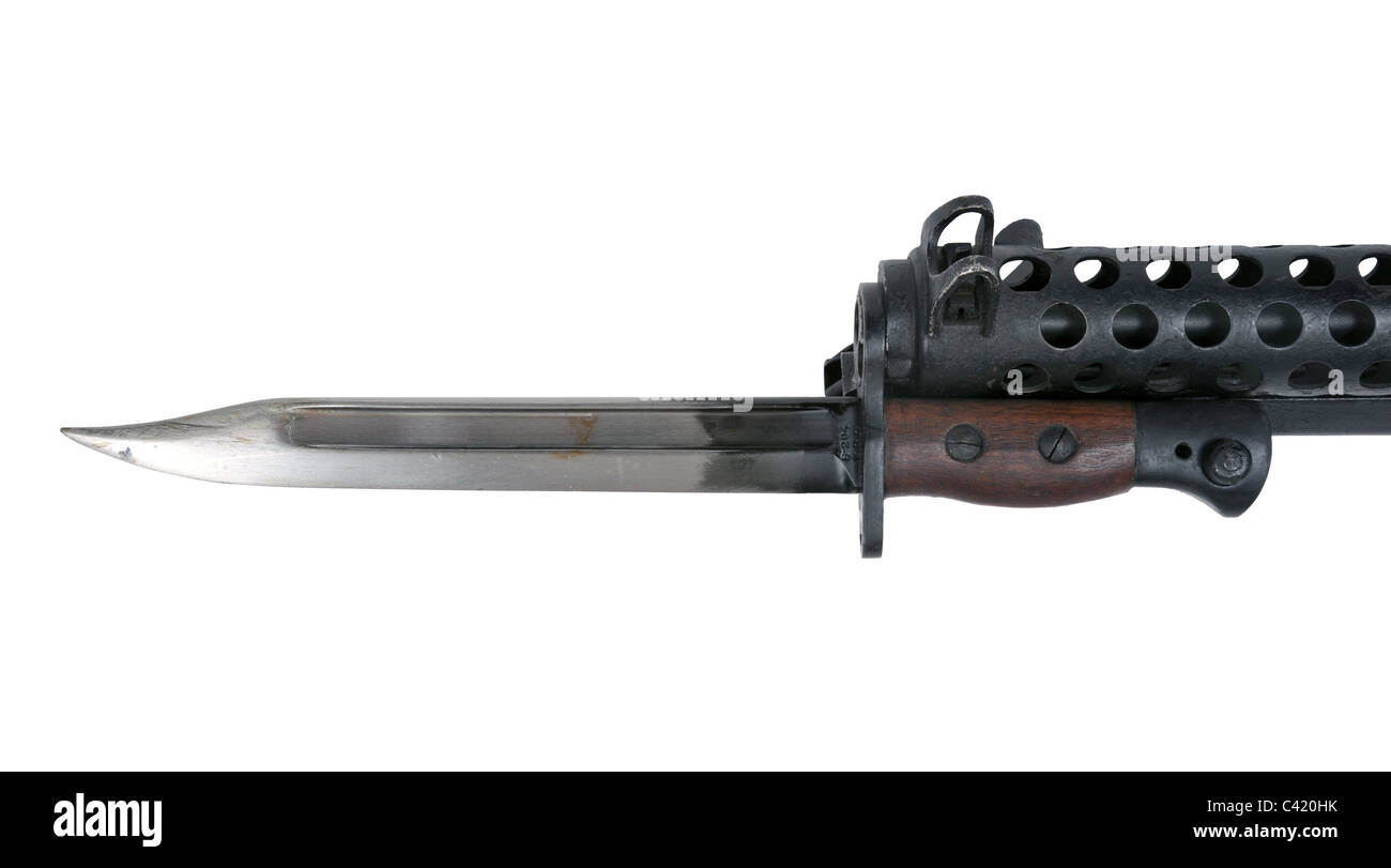 British No.5 bayonet fitted to sterling submachine gun smg. 