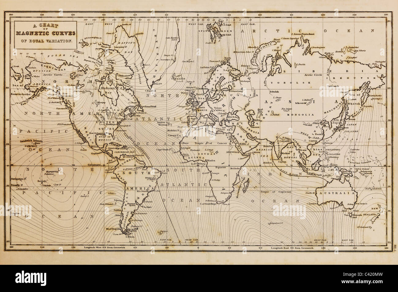 Photo of a genuine hand drawn world map, it was drawn in 1844 and therefore the countries are named as they were in that period Stock Photo