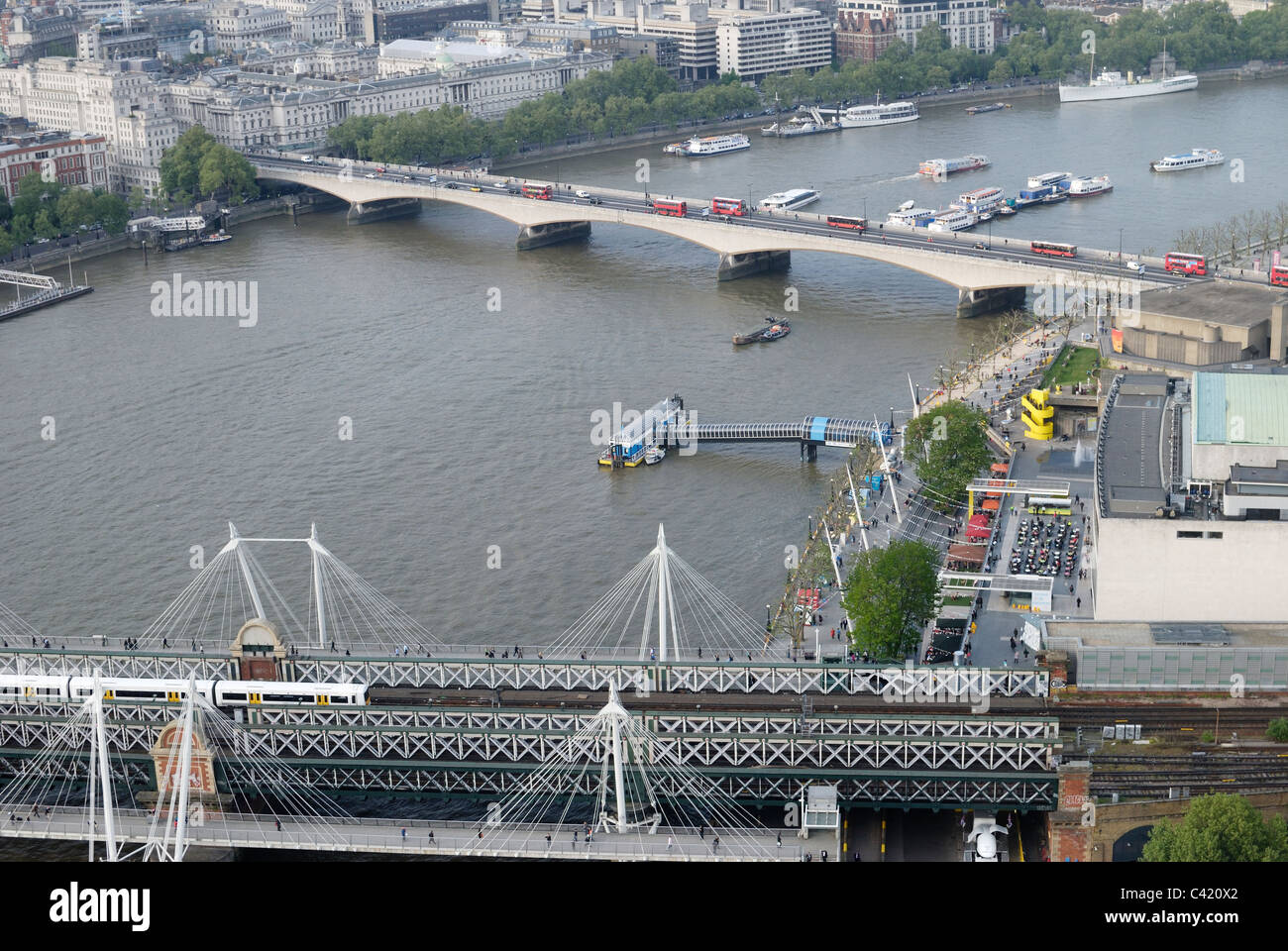 Hungerford and Waterloo Bridges over the River Thames. Westminster. London. England. South Bank Centre on right. Stock Photo