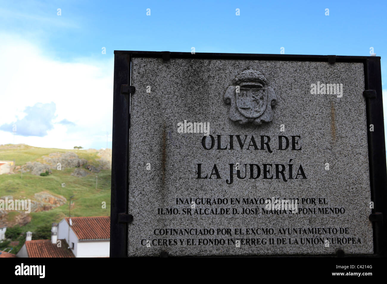 A sign marking the Olive Garden in memory of the Jews of Caceres, Extremadura, Spain Stock Photo