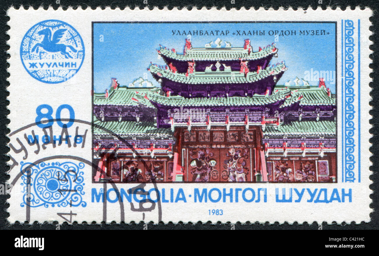 MONGOLIA-1983: A stamp printed in the Mongolia, represented The Winter Palace of the Bogd Khan Stock Photo