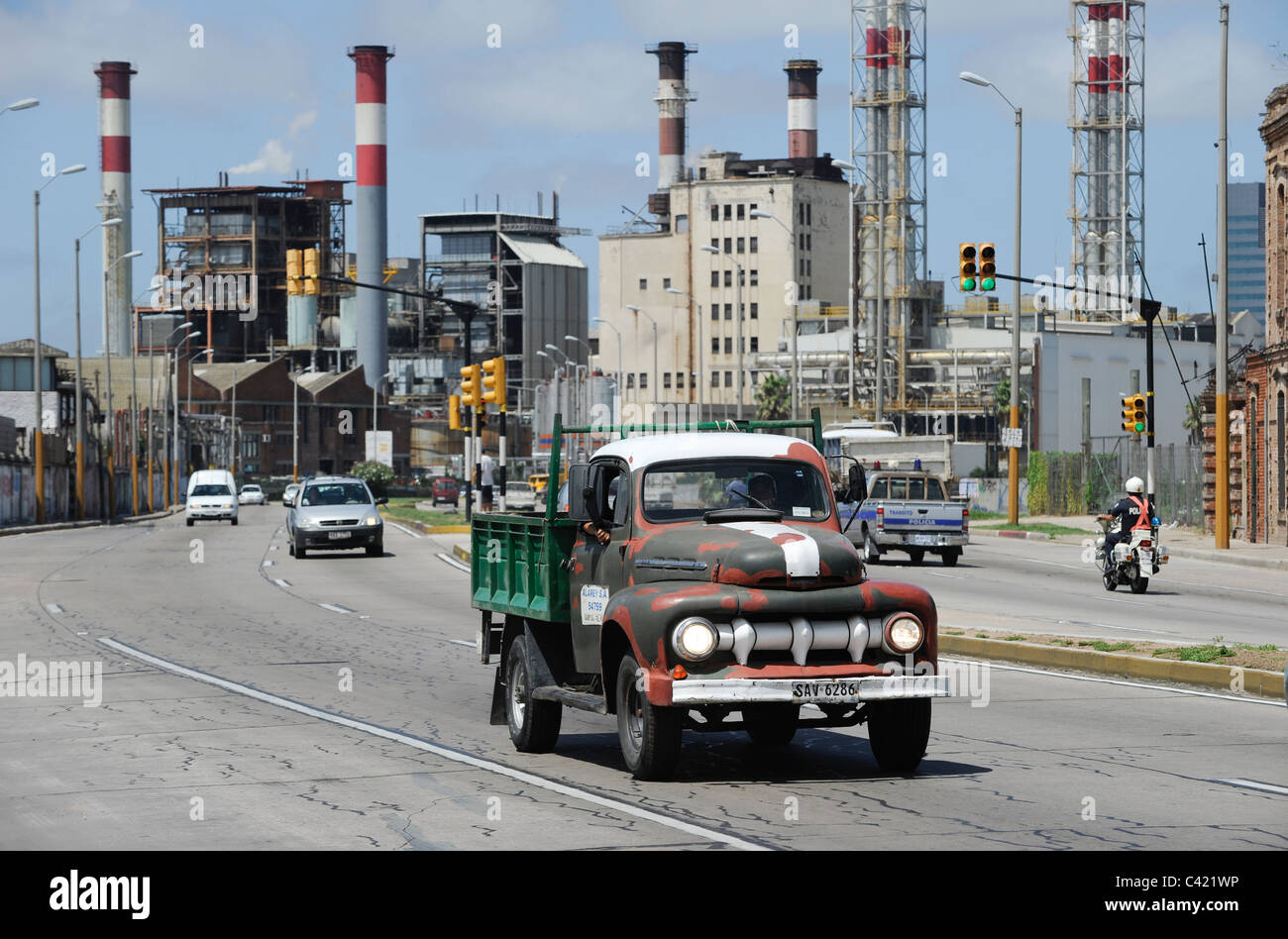 URUGUAY Montevideo , Diesel power station of UTE , the public energy company, and old Ford pick-up vehicle Stock Photo