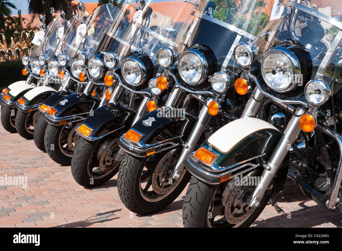 Harley Davidson Police motorcycles in a line for sale at the Bruce Rossmeyer Harley Davidson Center in Daytona, Florida, USA Stock Photo