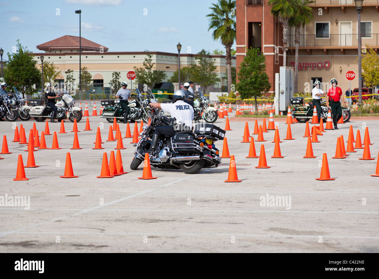 Law enforcement motorcycle teams compete on a cone course at the Bruce