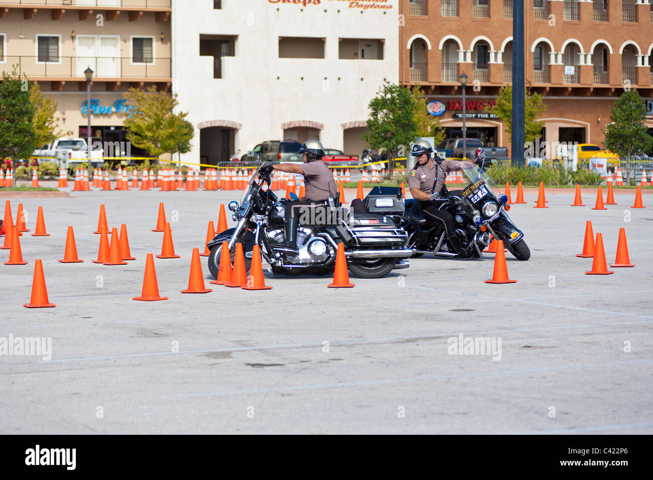 Law enforcement motorcycle teams compete on a cone course at the Bruce