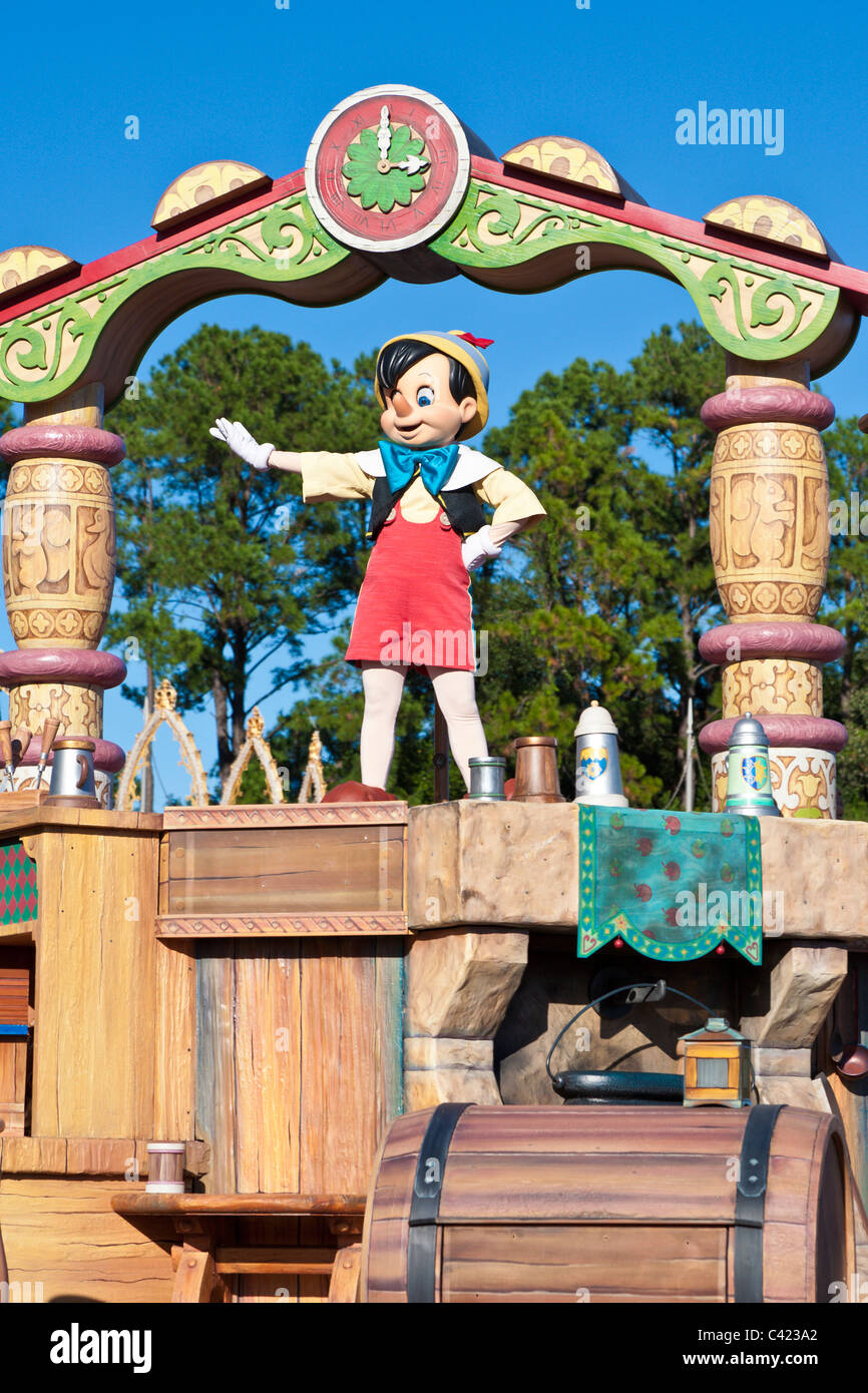 Pinocchio character riding a float in A Dream Come True parade at the Magic Kingdom in Disney World, Kissimmee, Florida Stock Photo