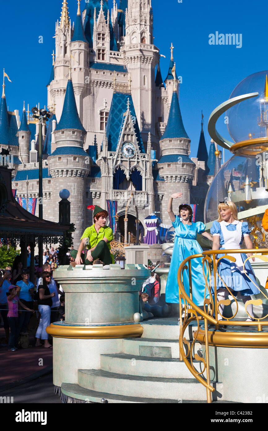 Disney characters ride a float in "A Dream Come True" parade at the Magic Kingdom in Disney
