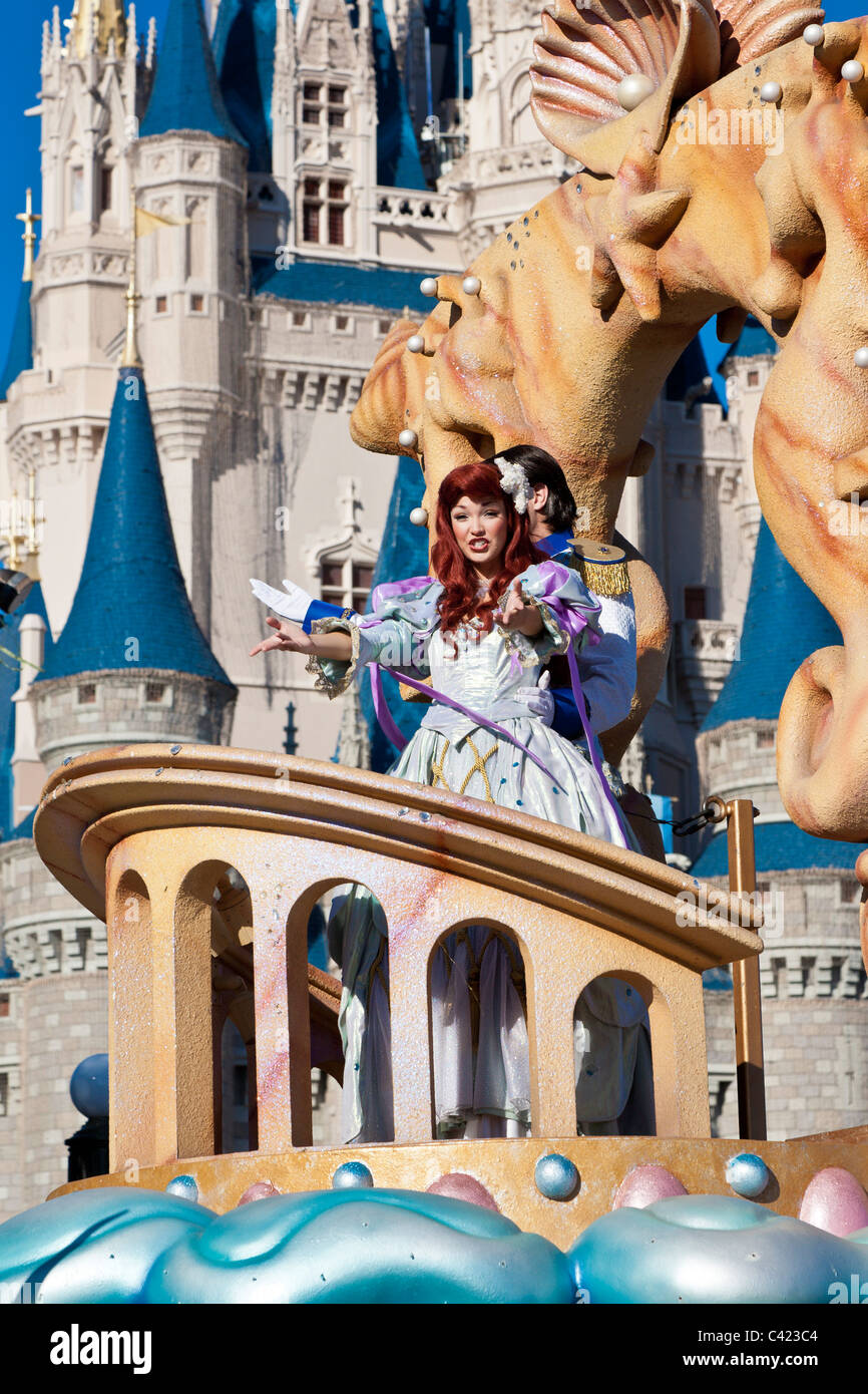 Mermaid riding a float in A Dream Come True parade at the Magic Kingdom in Disney World, Kissimmee, Florida Stock Photo