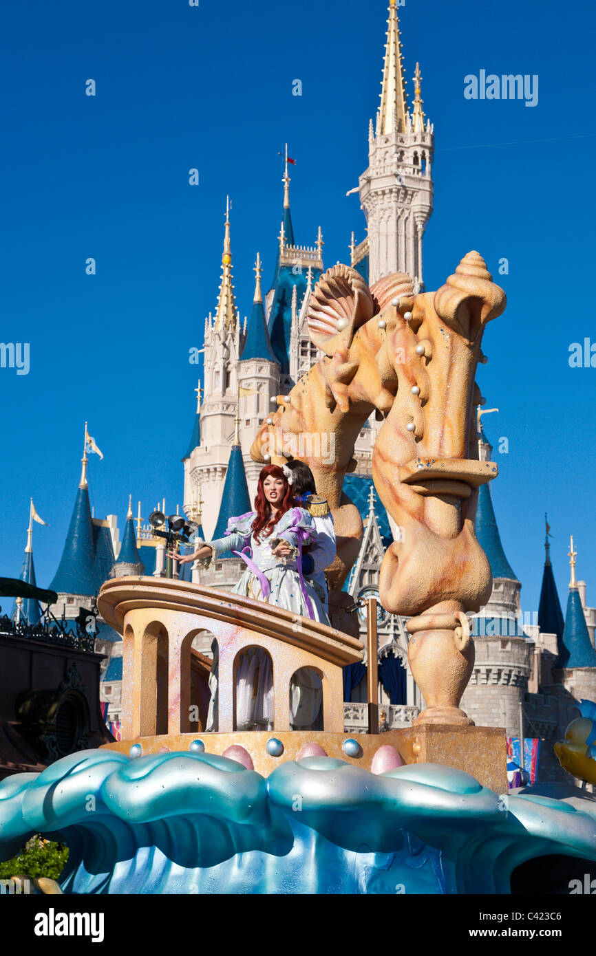 Mermaid riding a float in A Dream Come True parade at the Magic Kingdom in Disney World, Kissimmee, Florida Stock Photo