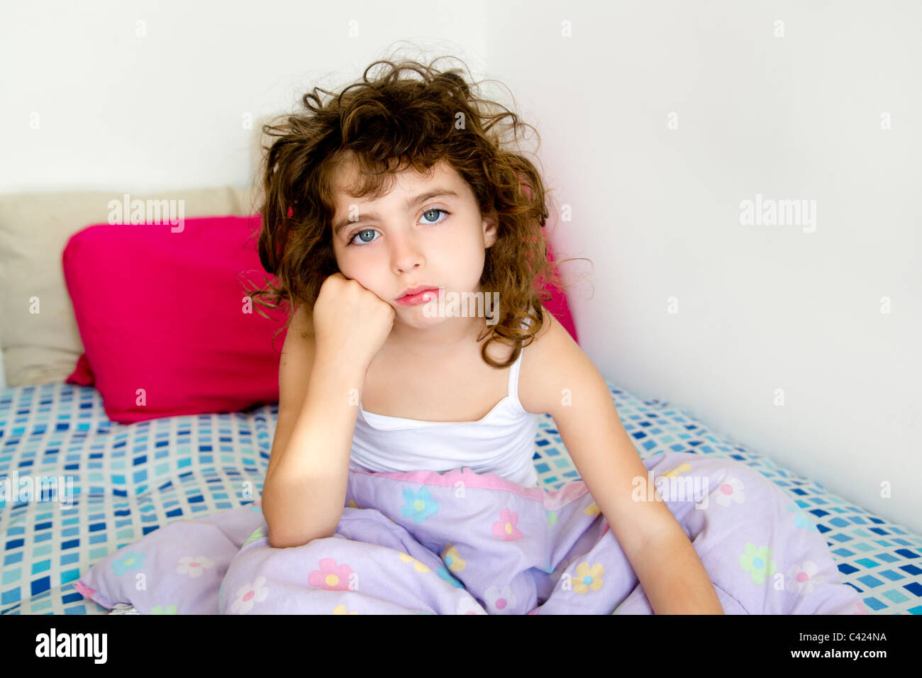 girl boring bed messy morning hair white room Stock Photo Alamy