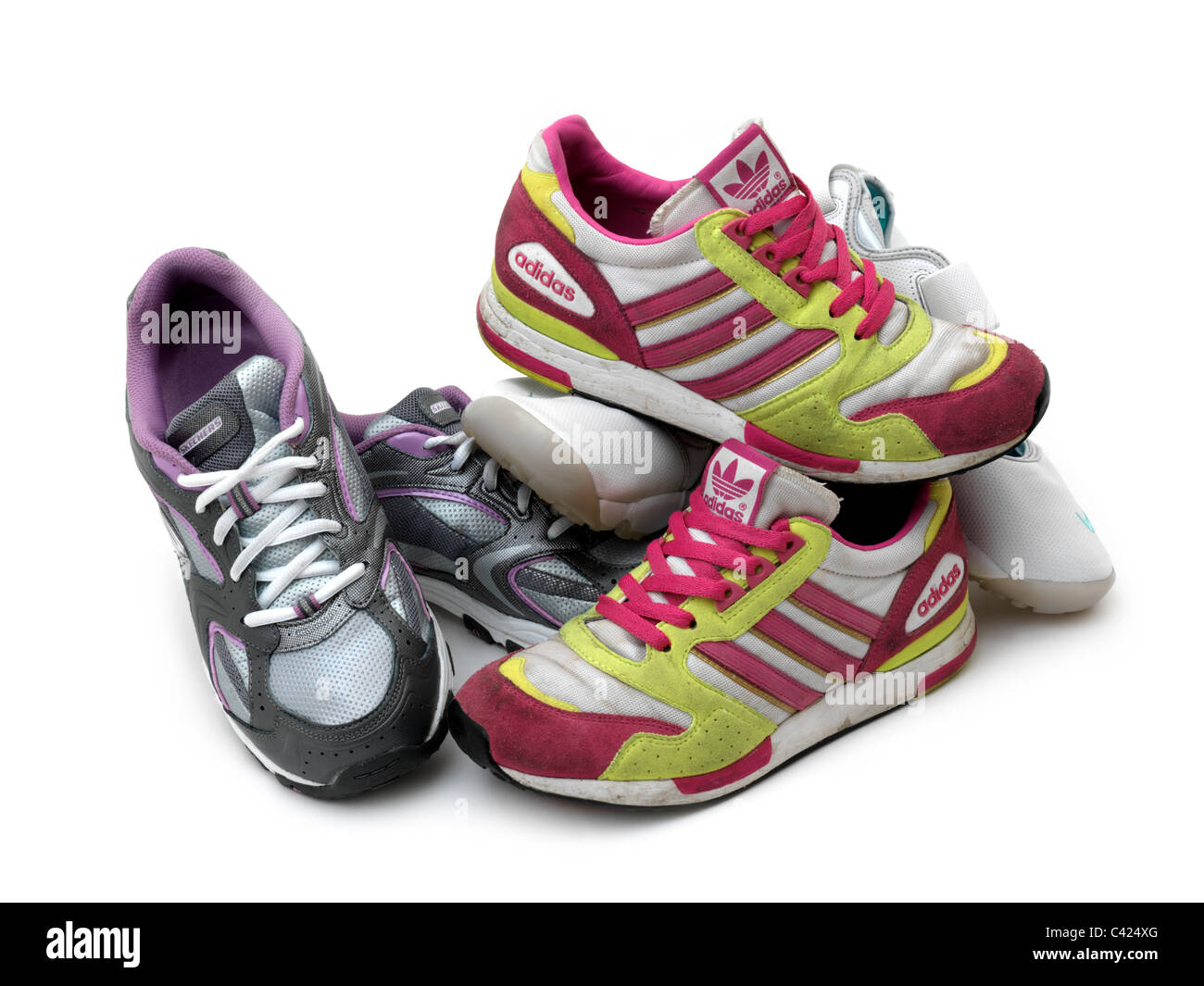 Pile Of Trainers Adidas Ontario, Nike Air Rifts And Sketchers Sports Stock  Photo - Alamy