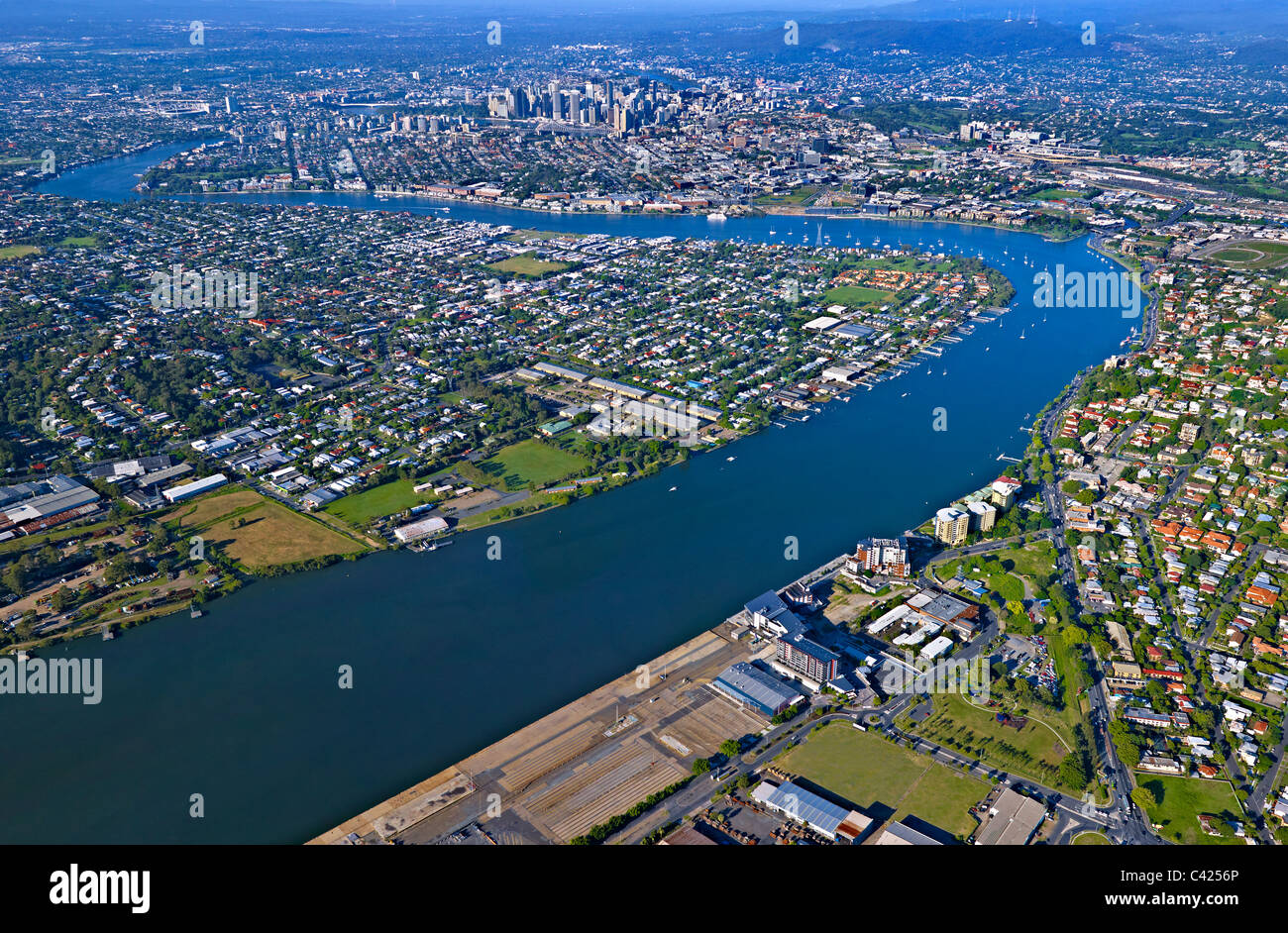 Aerial view of Portside Wharf precinct Hamilton Brisbane Stock Photo