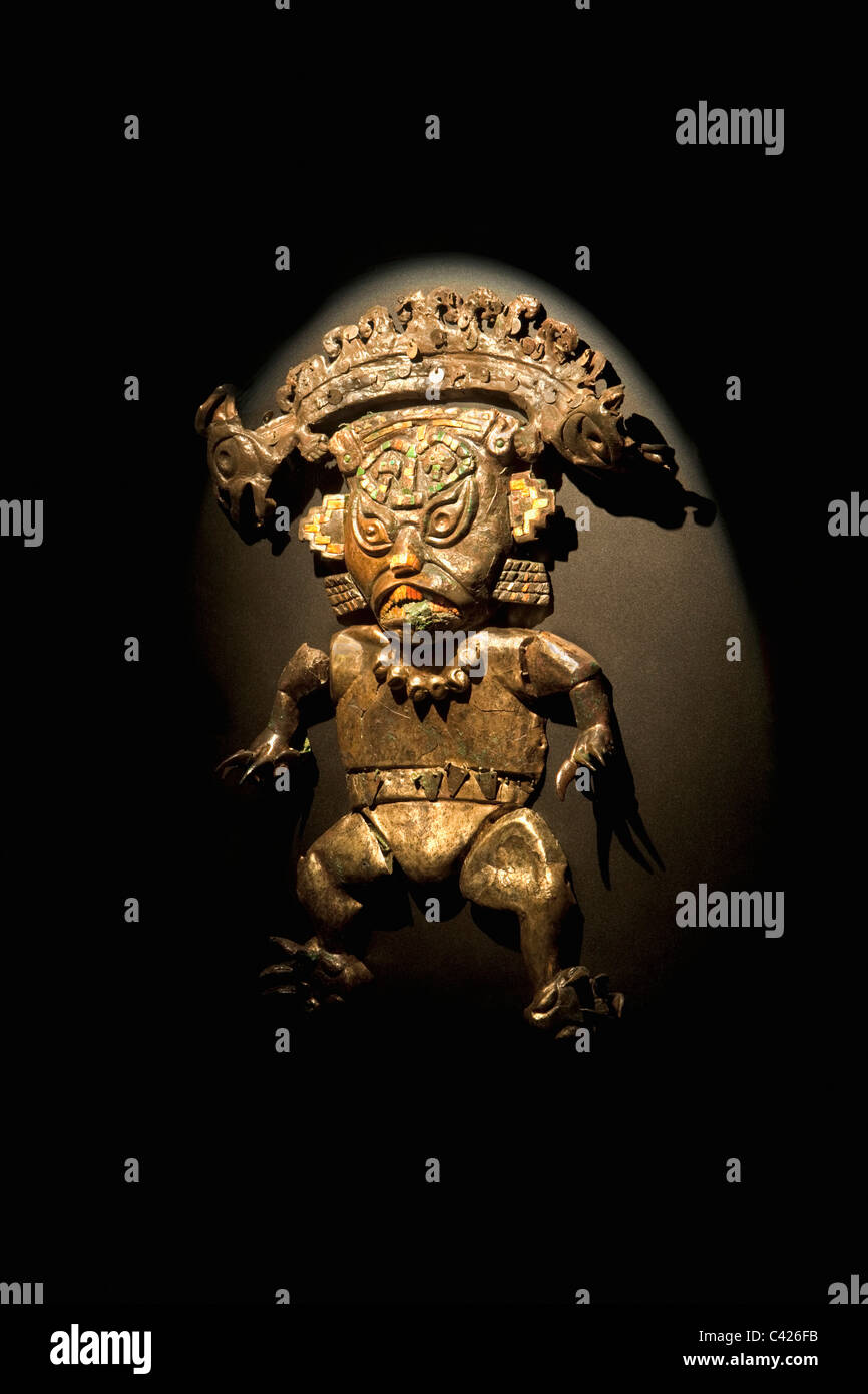 Lambayeque, Museum of the Royal Tombs of Sipan. Ornaments found in tomb of Lord of Sipan. Image of feline deity. Stock Photo