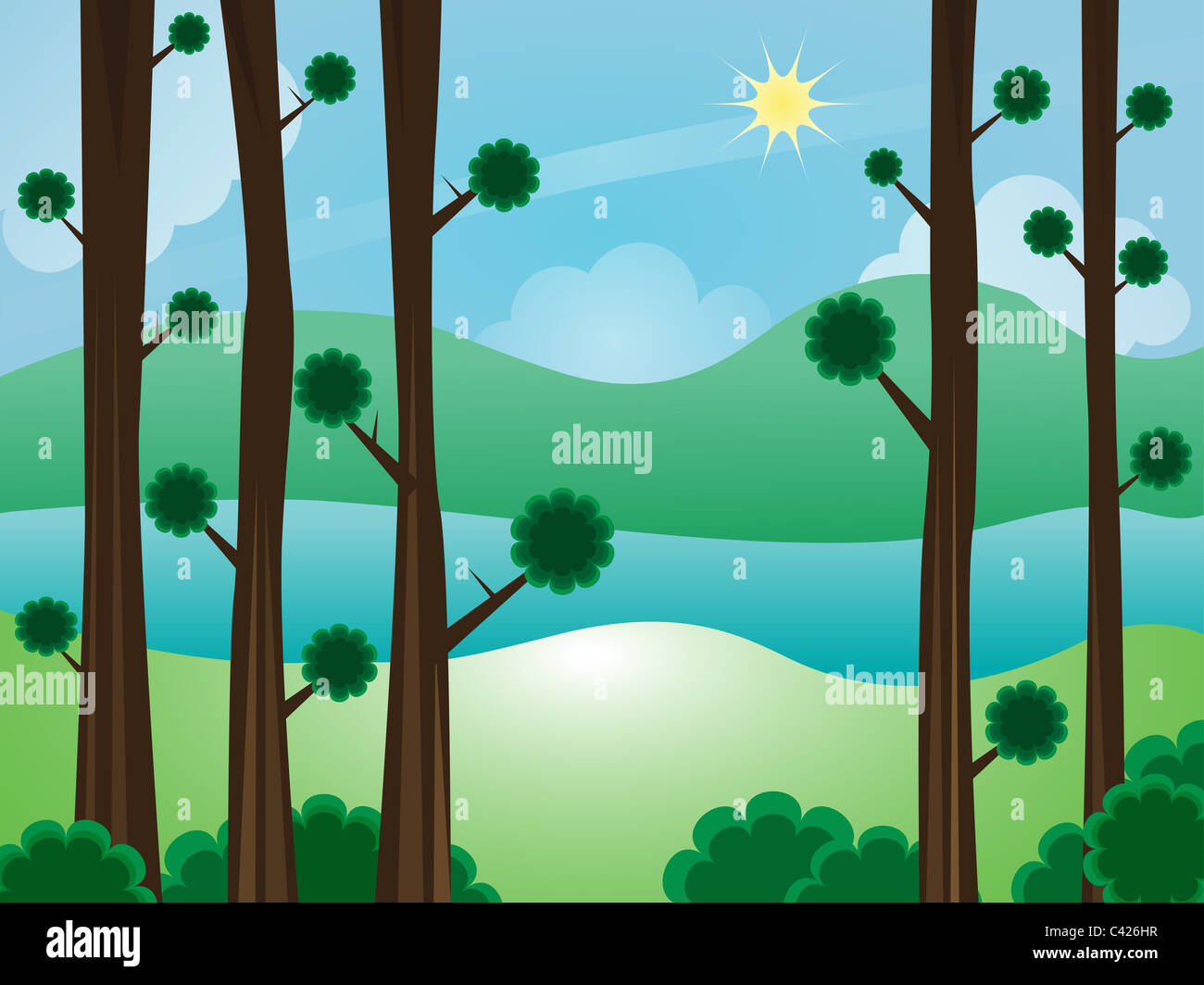 Summer landscape scene with mountains, lake and trees Stock Photo - Alamy