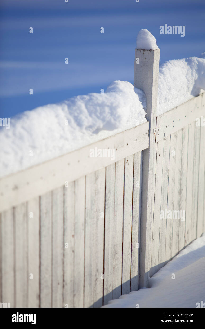 Snow covered white picket fence at Winter , Finland Stock Photo - Alamy