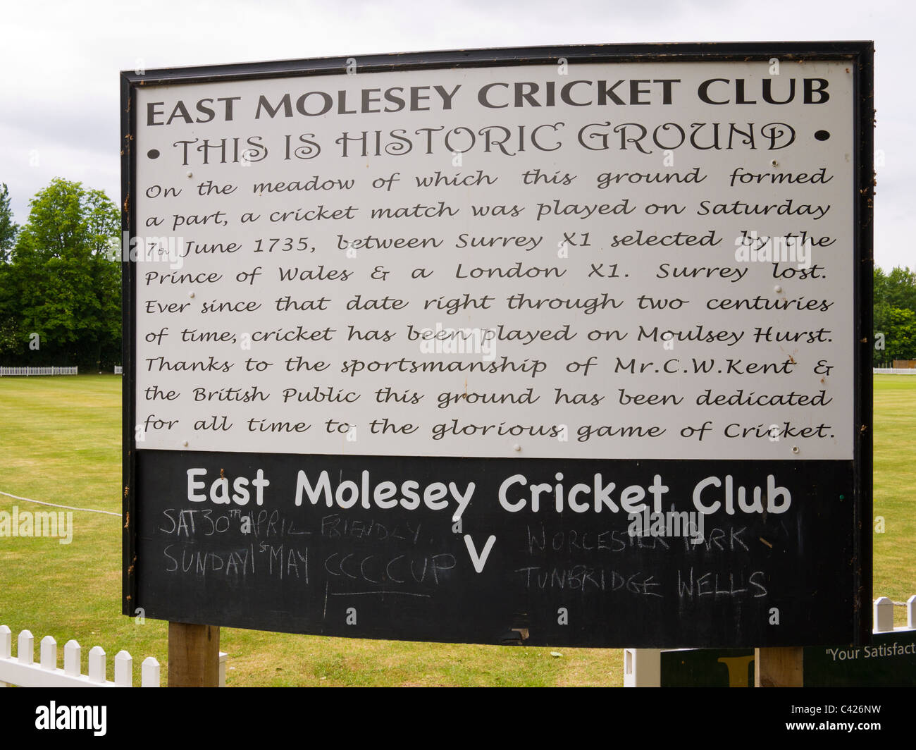 Interpretive sign at East Molesey Cricket Club, :London, England Stock Photo
