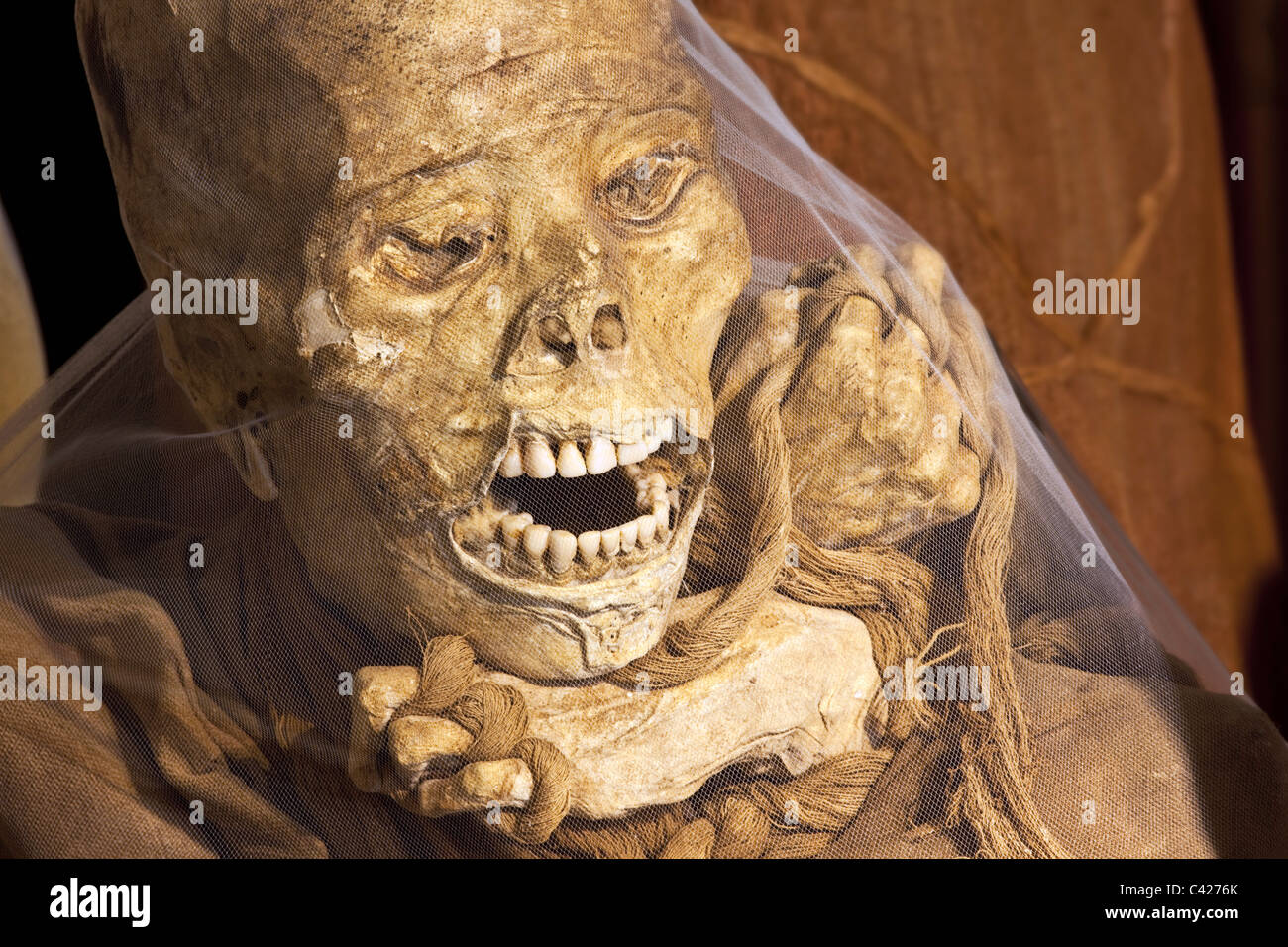 Peru, Leymebamba, Leimebamba, Museum. Mummy found at Laguna de los Condores. (unwrapped from their original bundles). Stock Photo