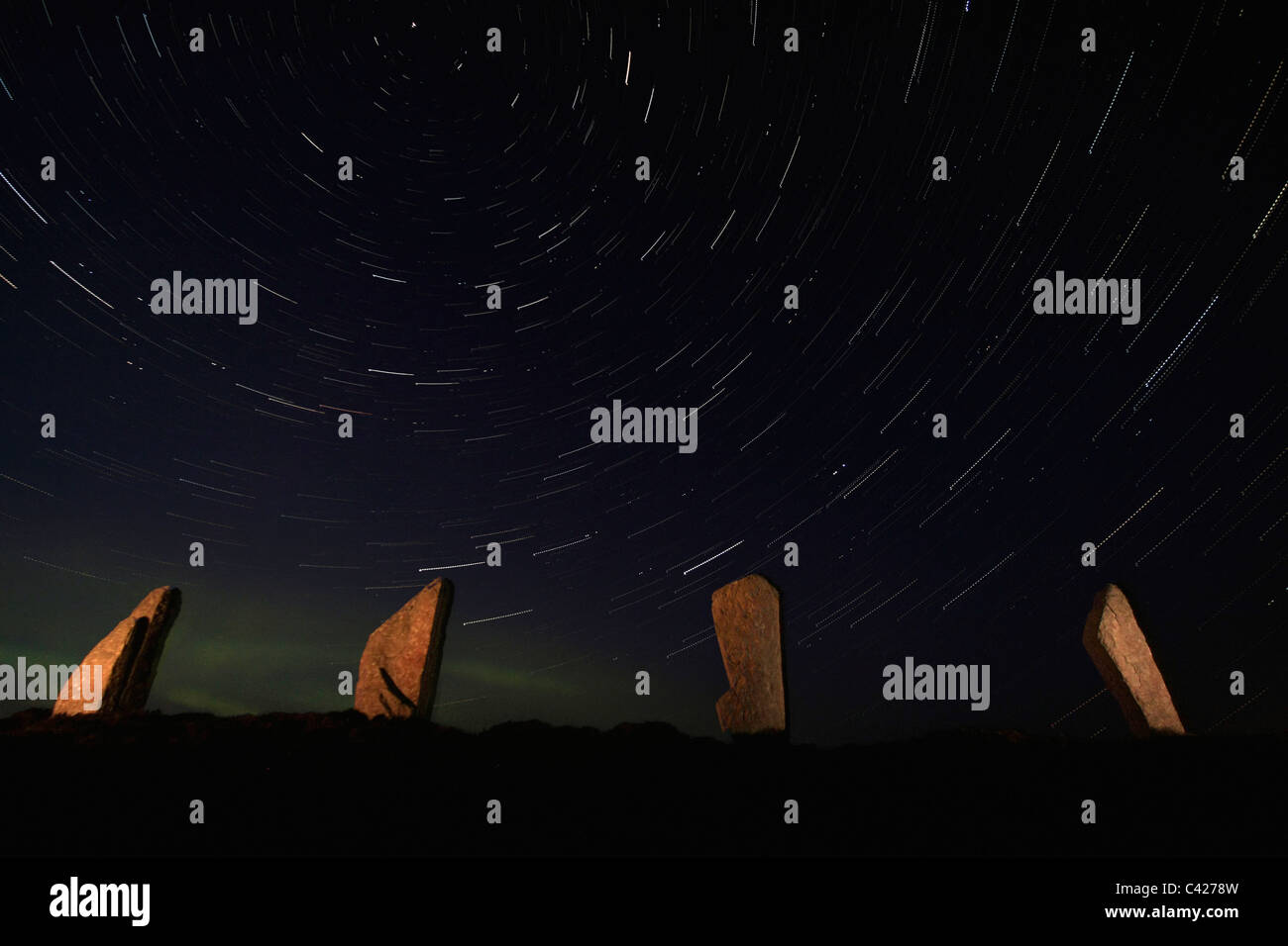 Ring of Brodgar with aurora glow Stock Photo