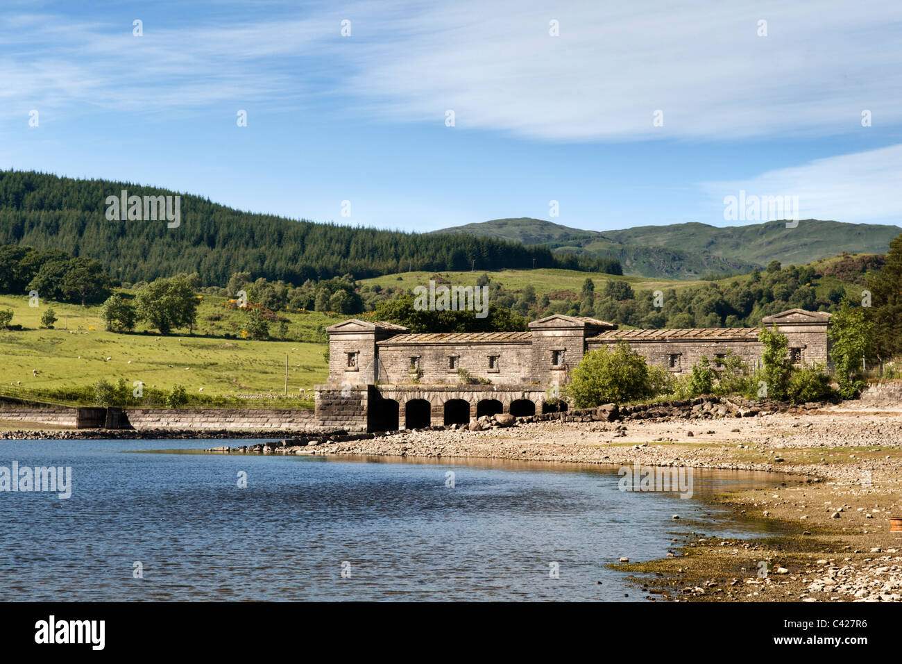 Loch Venachar, near Callander, Lomond and Trossachs national park central Scotland taken on fine summer day with water tower Stock Photo