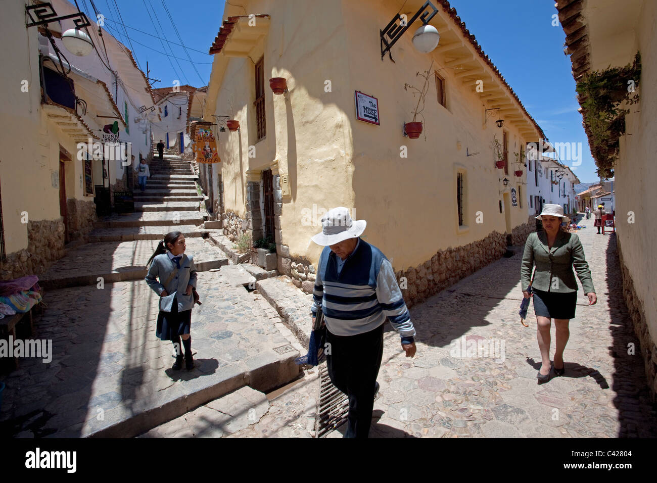 Peru, Cusco, Cuzco, Indian people in San Blas district. UNESCO World Heritage Site. Stock Photo