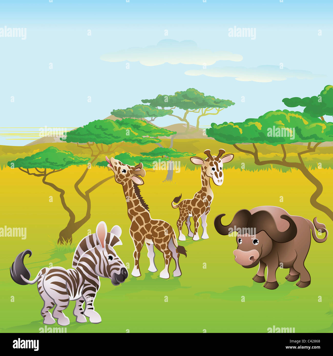 Cute African safari animal cartoon characters scene. Series of three illustrations forming panoramic landscape. Stock Photo