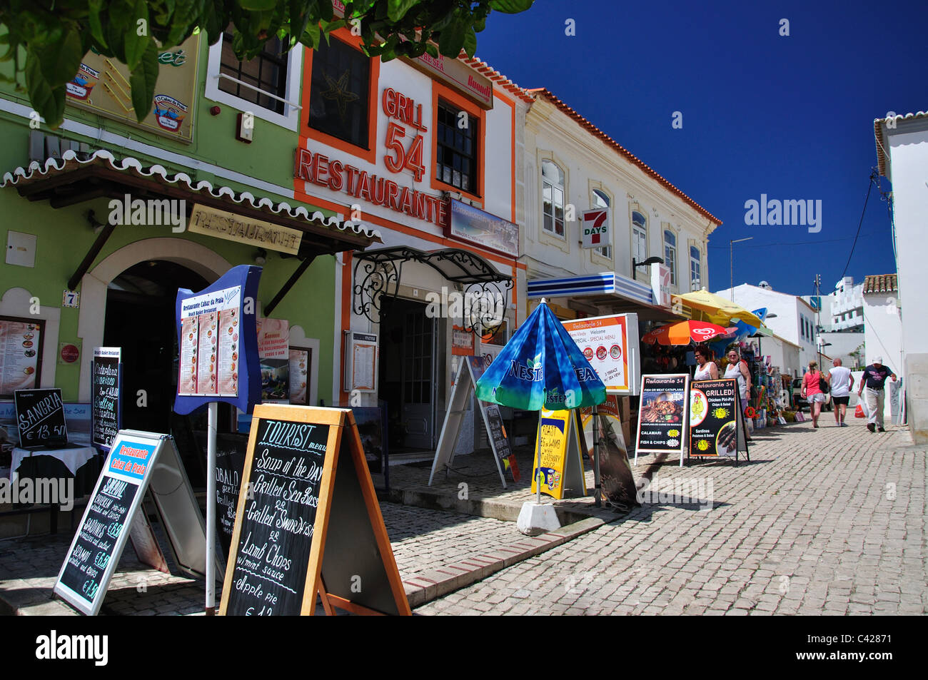 Beach restaurants, Praca Miguel Bombarda, Old Town, Albufeira Stock