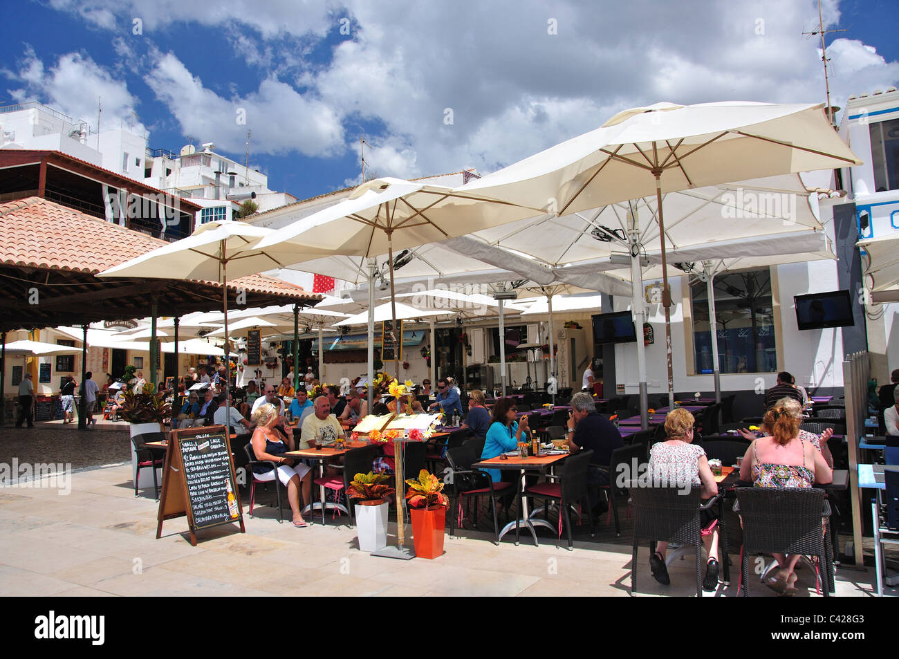 Outdoor restaurants on beachfront, Old Town, Albufeira, Albufeira