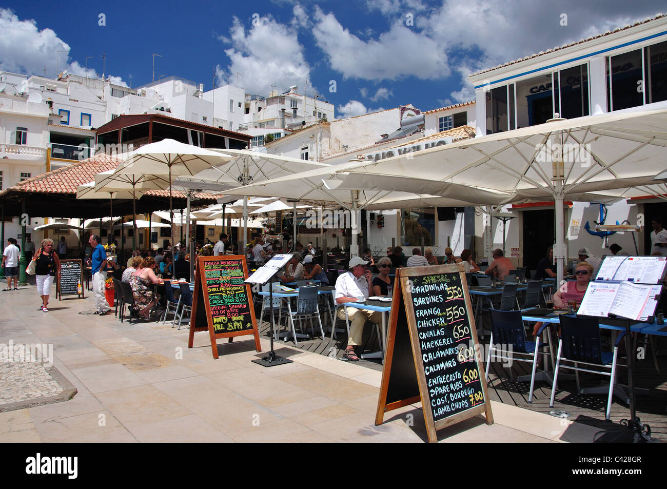 Outdoor restaurants on beachfront, Old Town, Albufeira, Albufeira Stock