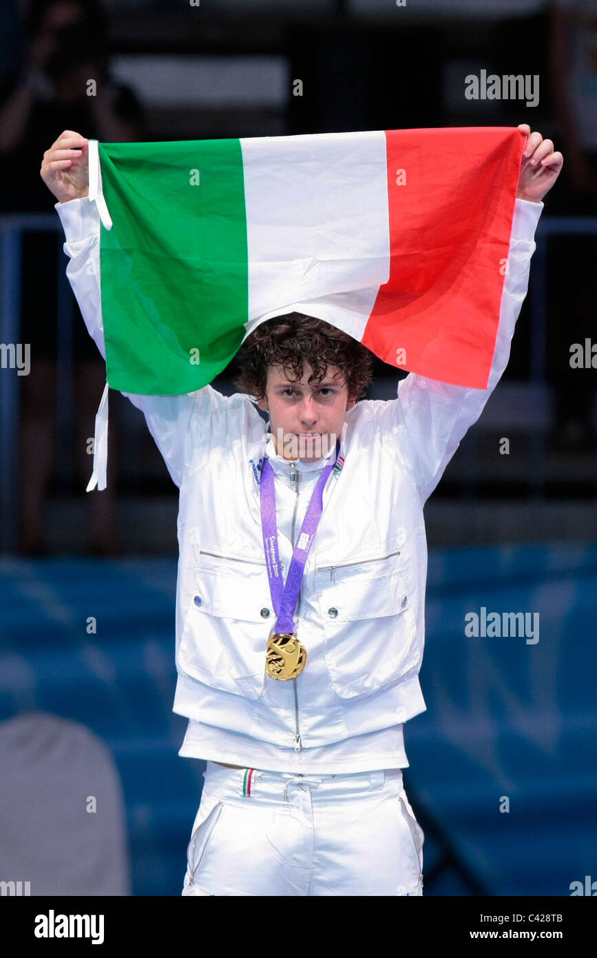 Edoardo Luperi during the Singapore Youth Olympic Games 2010 Cadet Male Individual Foil Fencing Medal Presentation. Stock Photo
