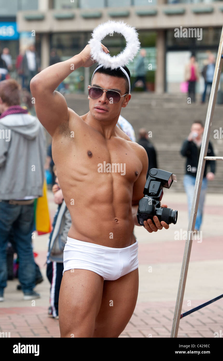 Reveller  wearing white briefs and halo at Birmingham Gay Pride, UK, 2011 Stock Photo
