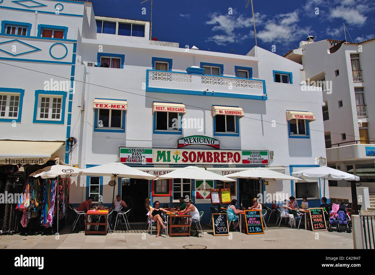 Mexican restaurant on beachfront, Old Town, Albufeira, Algarve Region, Portugal Stock Photo
