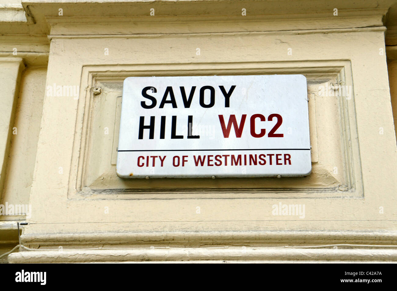 Savoy Hill WC2 City of Westminster road sign Stock Photo