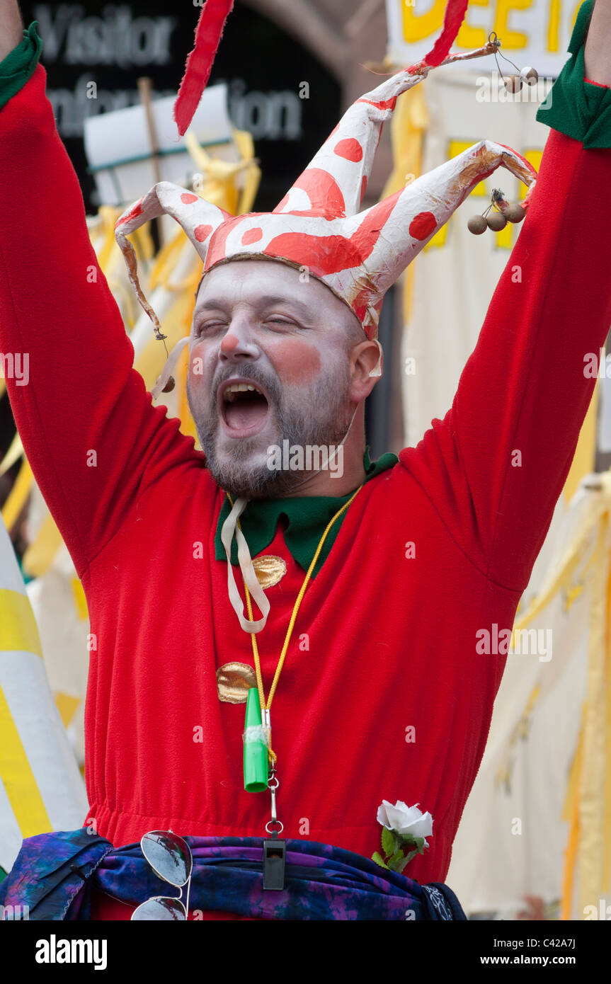 A Jester at Saint George's day celebrations in the medieval city of Chester. Cheshire, England. Stock Photo