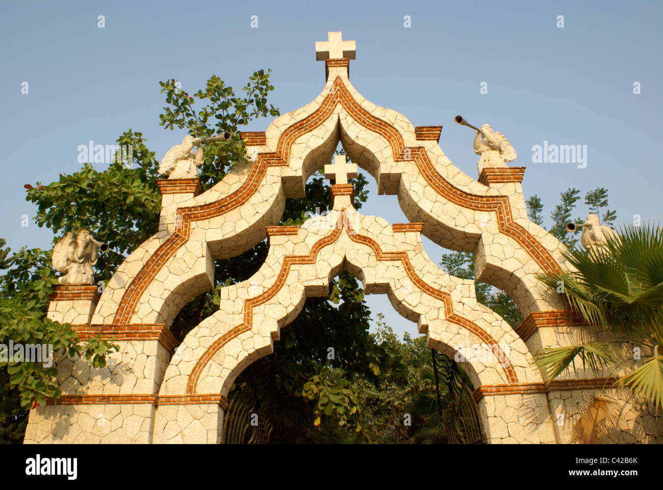 Moorish gateway of Henequen Hacienda at Xcaret park, Riviera Maya, Quintana Roo, Mexico Stock Photo