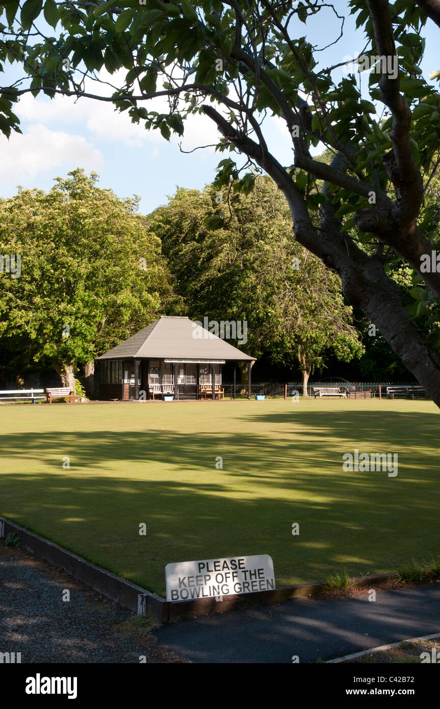 The peaceful scene at the Conwy bowling green in Gwynedd, North Wales Stock Photo