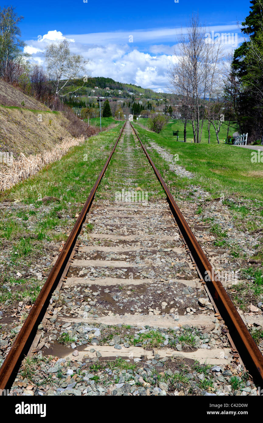 Rusty railroad tracks passing through Murray Bay Golf Club in La