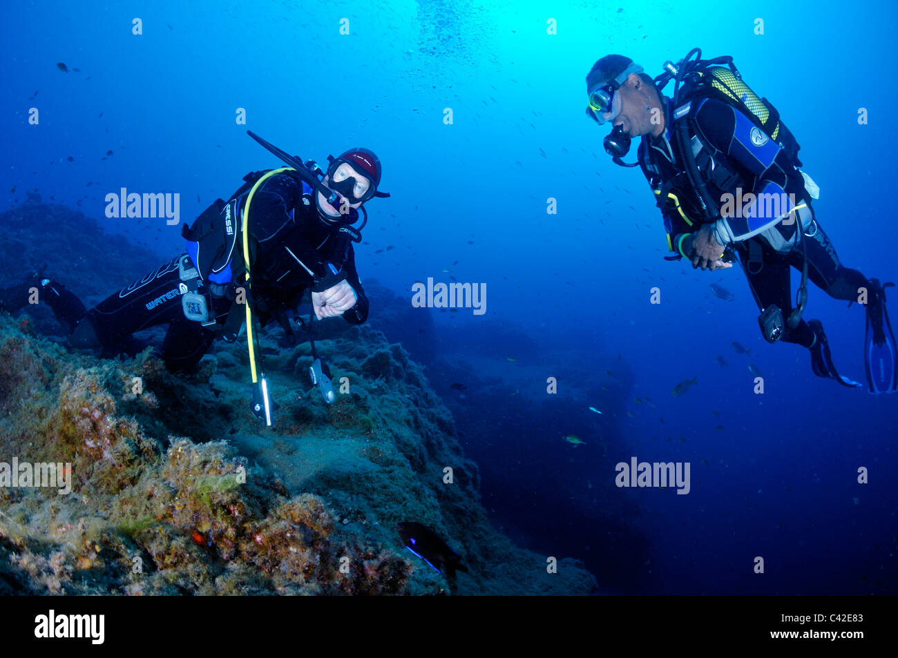 Scuba divers at deep water drop off, Lanzarote Stock Photo