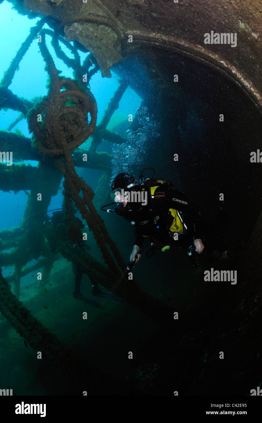 Scuba diver inside 'The New Wreck' off Puerto del Carmen, Lanzarote Stock Photo