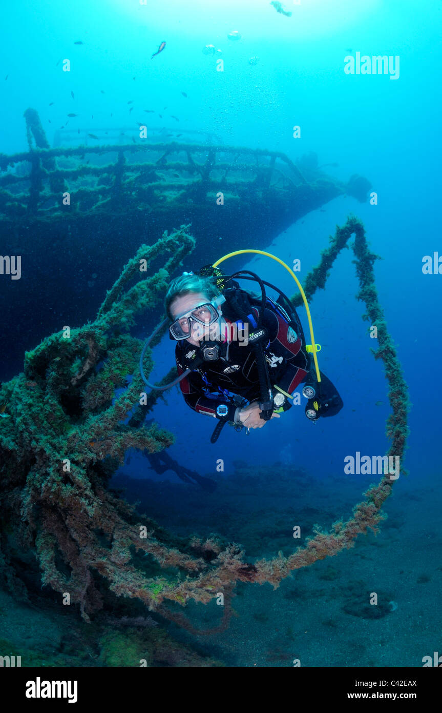 Woman Scuba diver on one of the 'New Wrecks' off Puerto del Carmen, Lanzarote Stock Photo