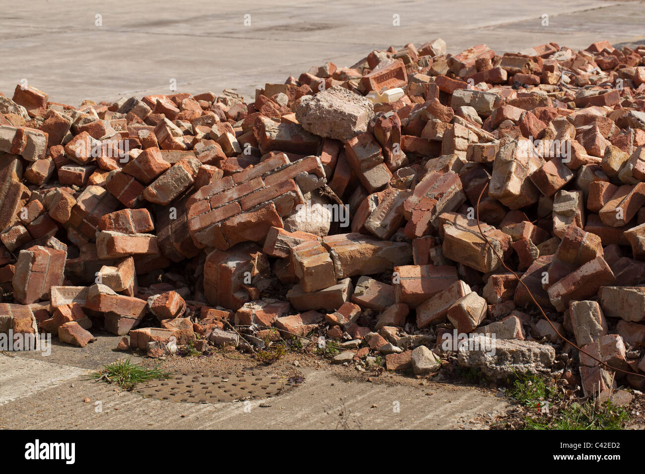 Brick Rubble on a demolition clearance site. North Walsham, Norfolk. Stock Photo