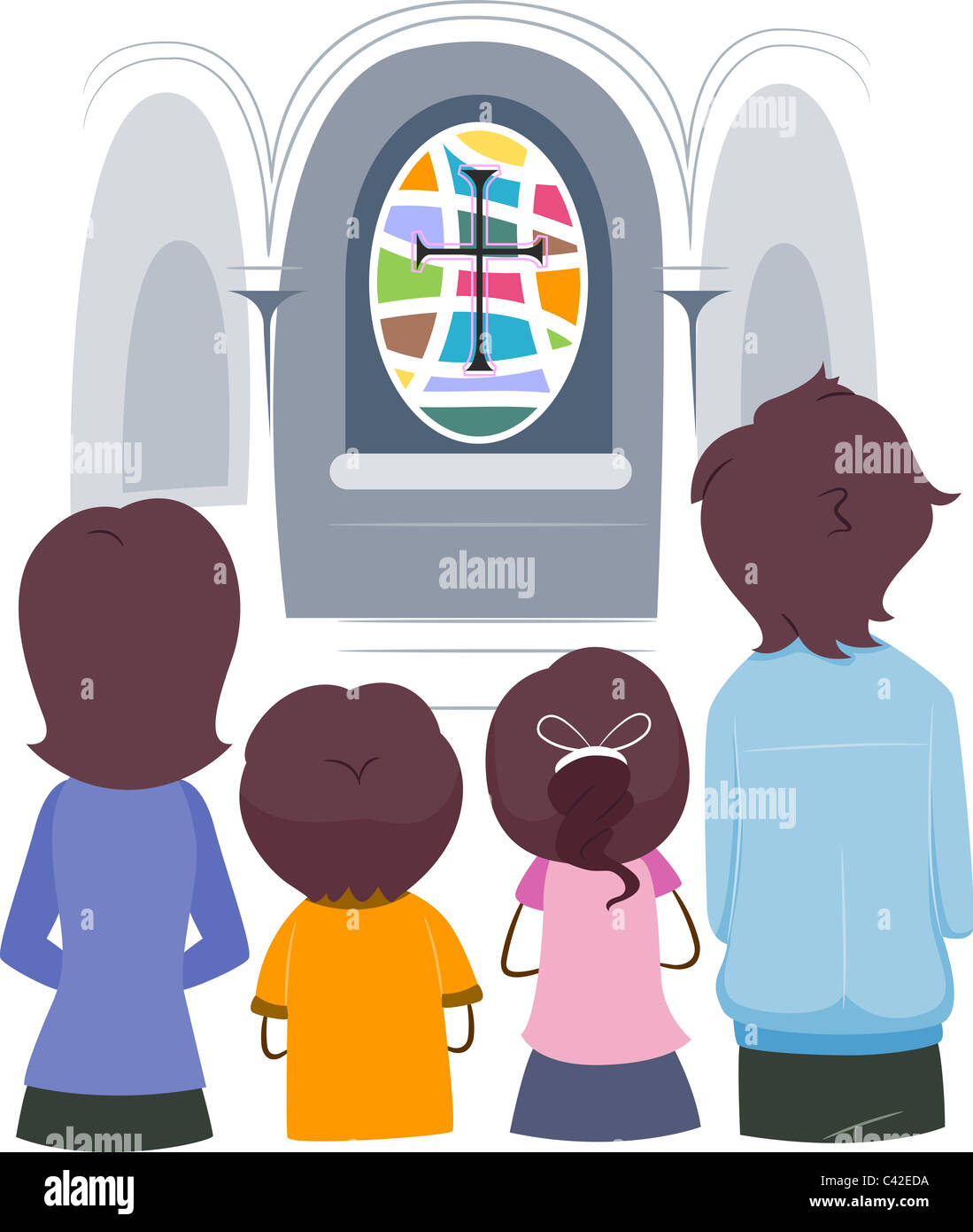 Illustration of a Christian Family Praying Together Stock Photo
